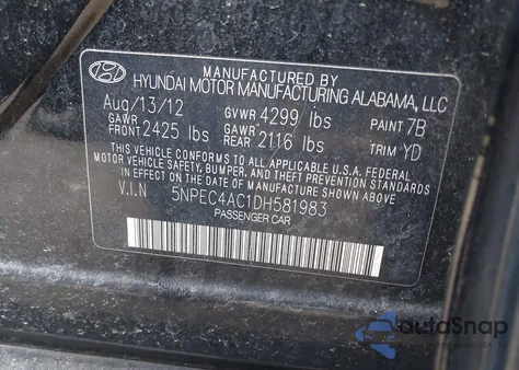 2013 Hyundai Sonata Limited from USA, damaged, VIN 5NPEC4AC1DH581983